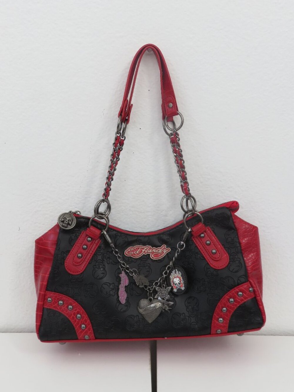 Ed Hardy Love Hearts Skull Roses Studded Satchel Handbag Silver Black Vegan Tote